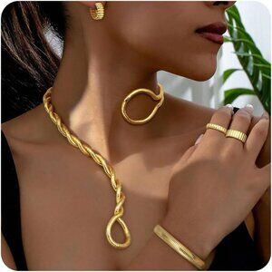 Gold Statement Jewelry Set for Women Necklace Bracelet Rings Earrings Set